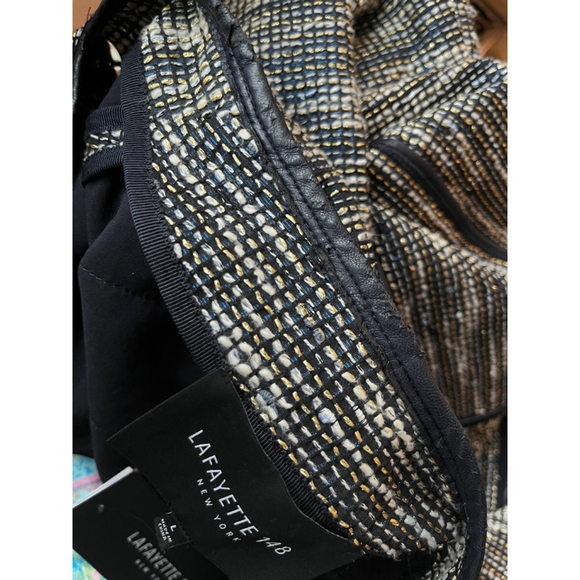 Lafayette 148 New York Woman’s Blazer Blue White Jacket, Size L Leather Trim - Picture 14 of 16